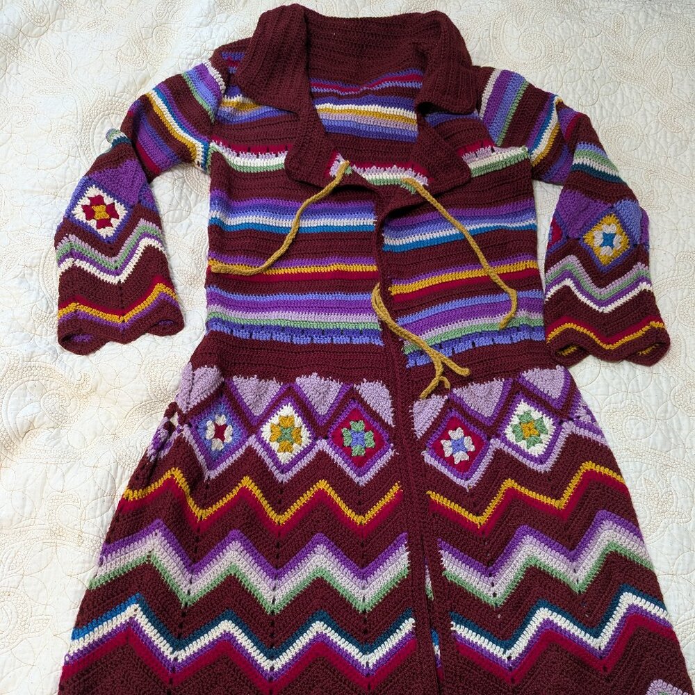 Stripped, chevron, and granny square long multi-coloured crochet cardigan
